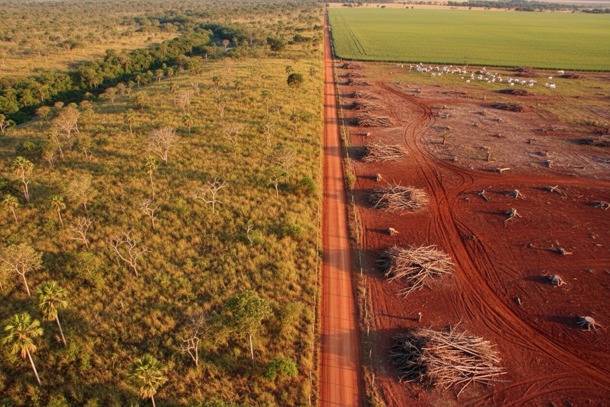 Vista aérea de estrada de terra dividindo Cerrado preservado, com árvores tortuosas e capim dourado, de área recém-desmatada com leiras de troncos, gado e lavoura