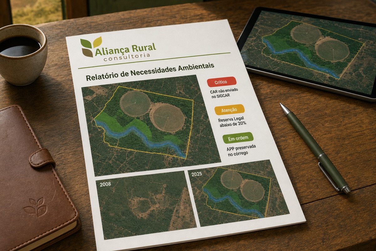 Relatório de Necessidades Ambientais da Aliança Rural impresso sobre a mesa, com mapa do imóvel e achados classificados como crítico, atenção e em ordem